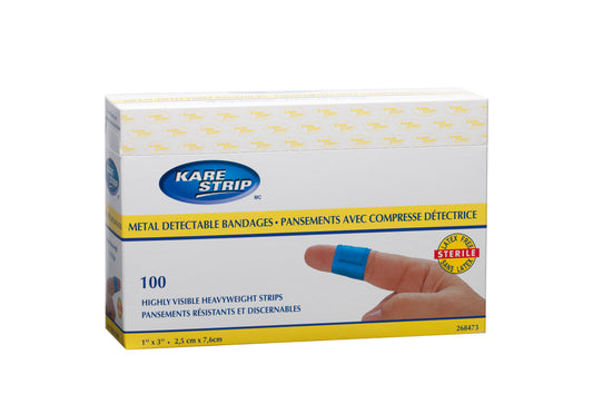 Kare Strip™ Pansements Adhésifs Détectables au Métal Bleus - Tissu Robuste - 1" x 3" (Pack de 100) - Parfaits pour les Soins Professionnels